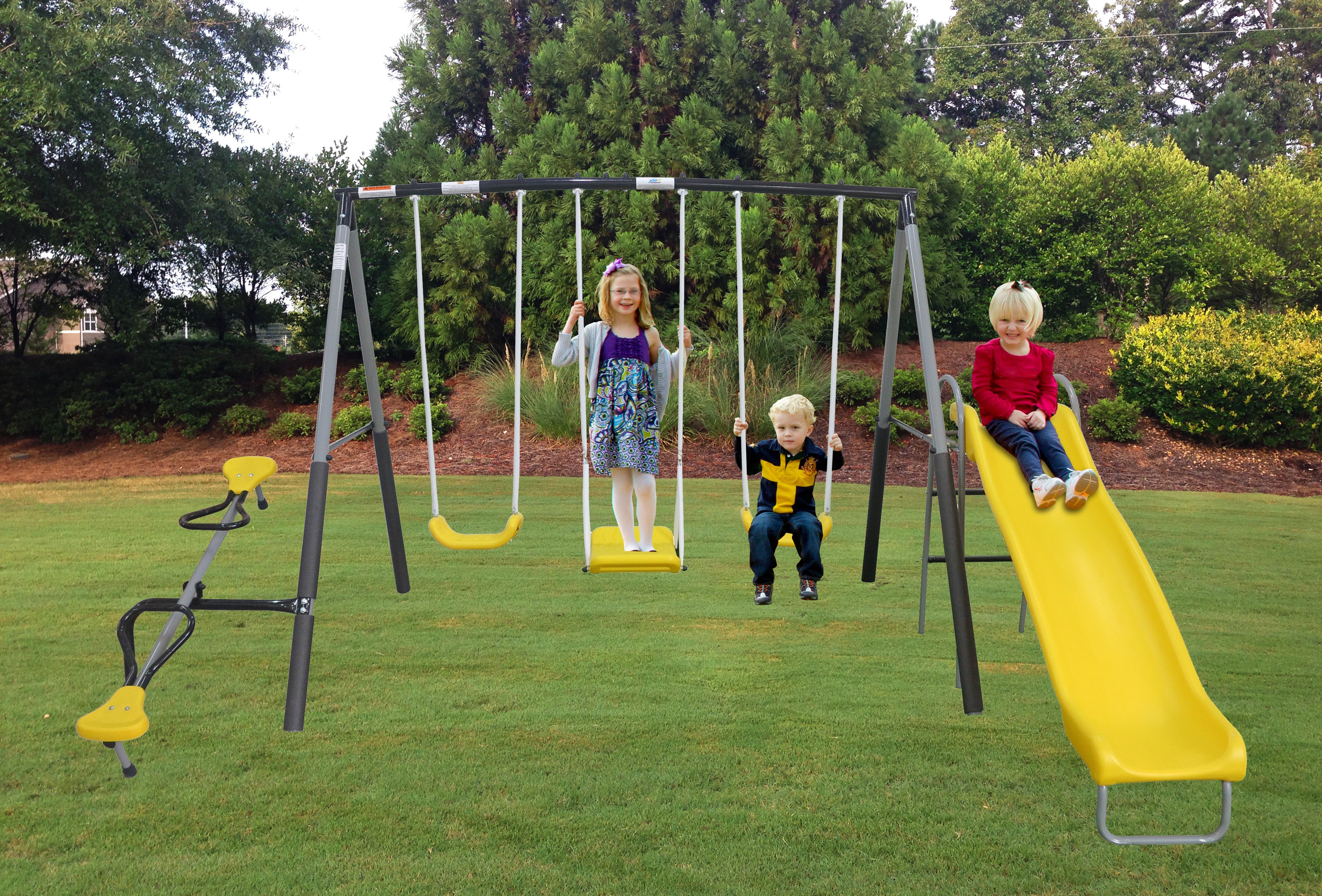 Swing-in Again Metal Swing Set by XDP Recreation with two Swing Seats, See-Saw, and Wave Slide - image 2 of 8
