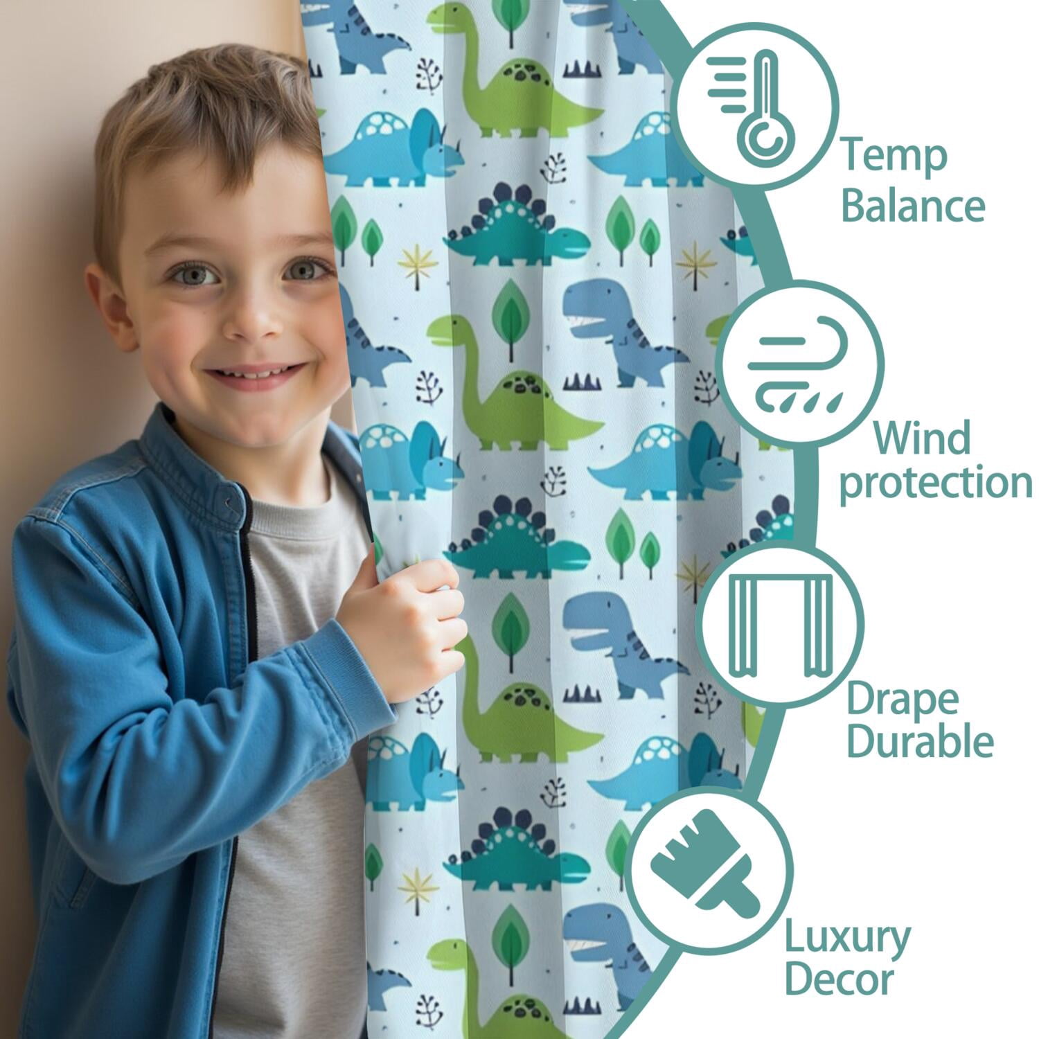 Blackout Kids Curtains,LightBlue Cartoon Dinosaurs Trees Stars Pattern Childrens Insulated Curtains Set Of 2,Bedroom Essentials,Toddler Room Decor 42"x54"