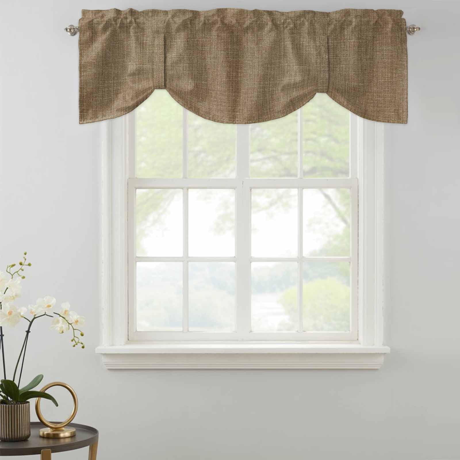 Tie Up Valances for Windows, Vintage Brown Adjustable Valance Curtains Window Treatment for Living Room, Farmhouse Retro Dark Solid Color Linen Texture Rod Pocket Kitchen Curtains 42x12 Inch