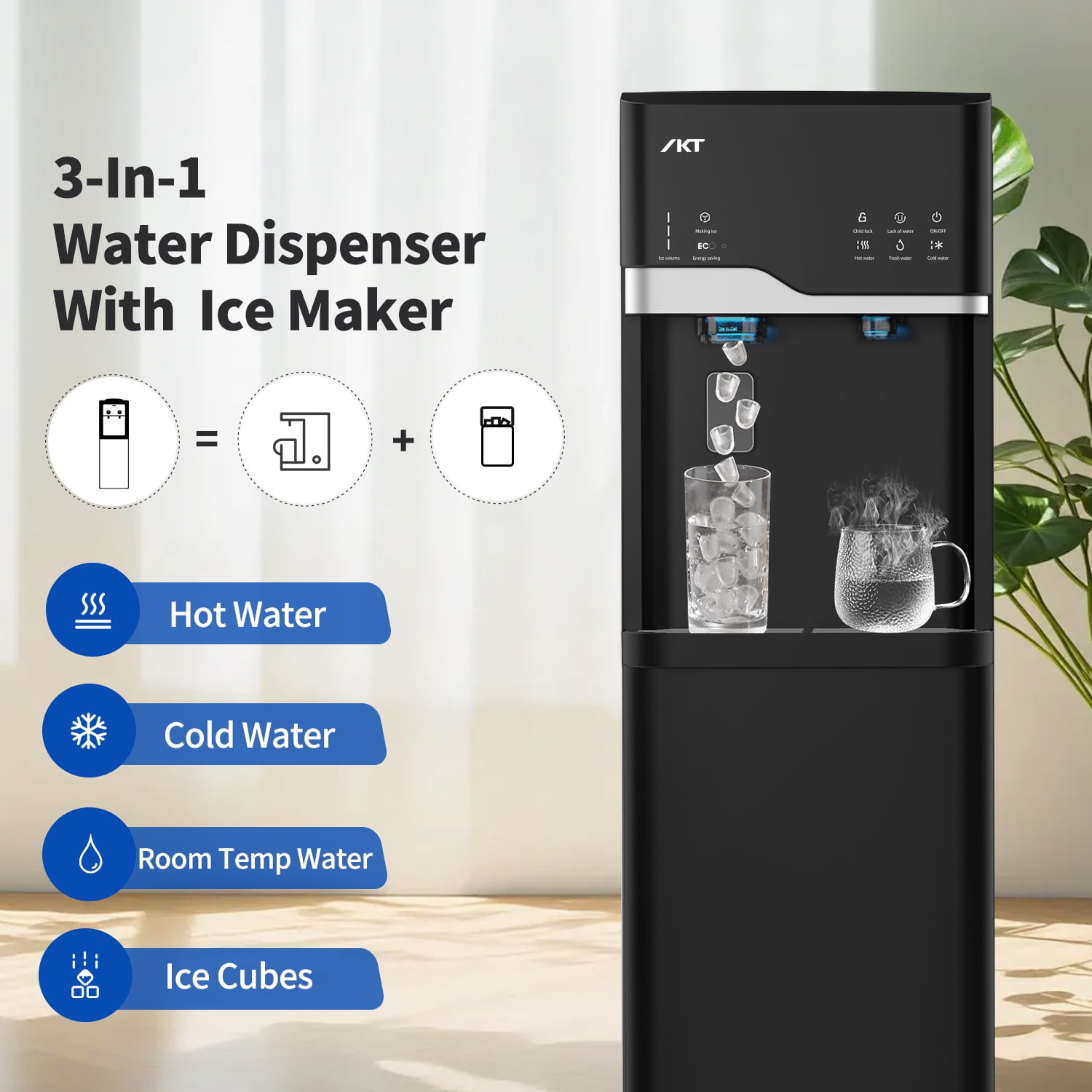 IKT Self Cleaning Water Dispenser with Ice Maker Bottom Load for 5 Gallon，22lbs Daily Capacity，3-Temp（Hot/Room/Cold），Child Safety Lock，Empty Bottle Light，Black