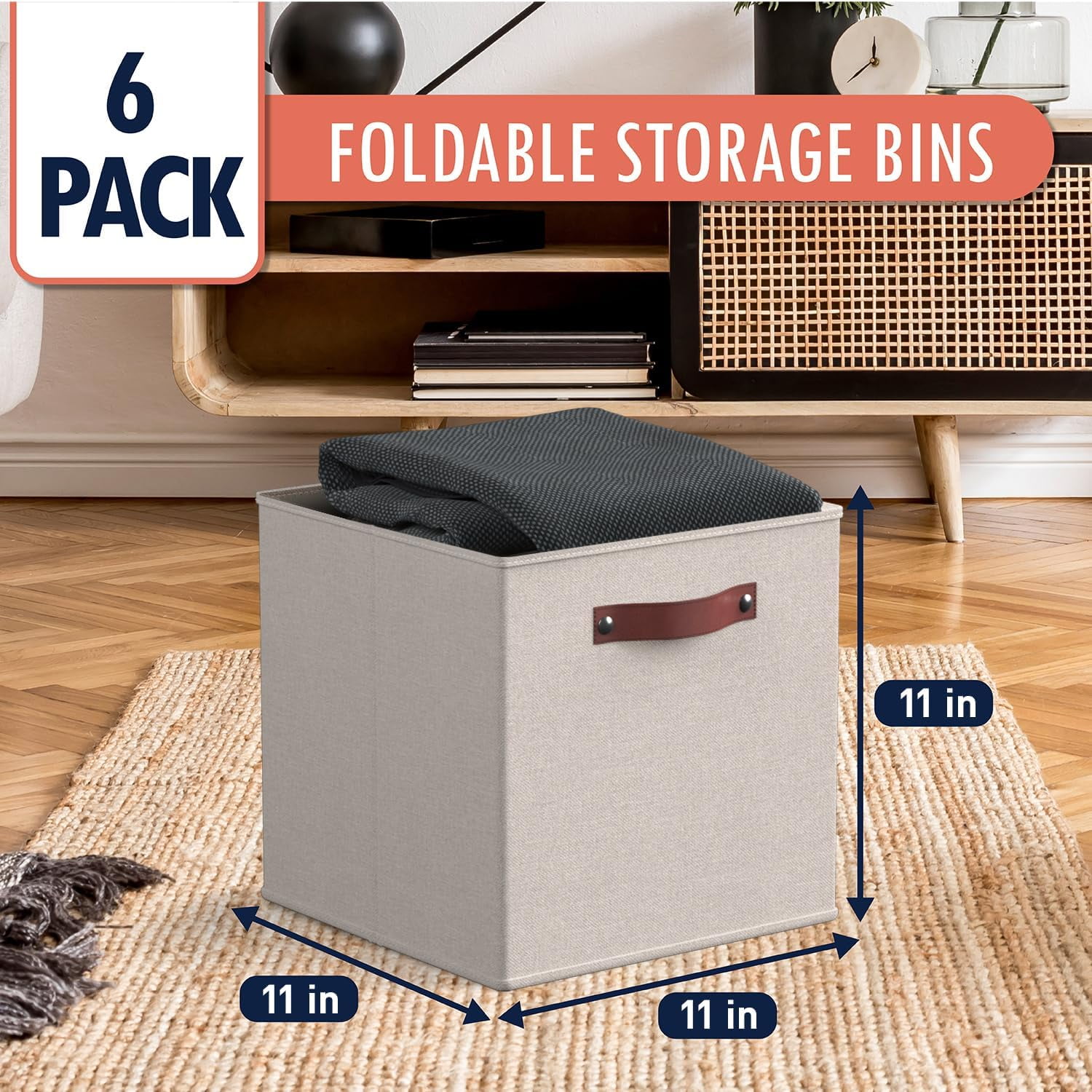 Ornavo Home Foldable Collapsible Storage Box Bins Linen Fabric Shelf Basket Cube Organizer with Leather Handles - Set of 6 - 11 x 11 x 11 - Beige