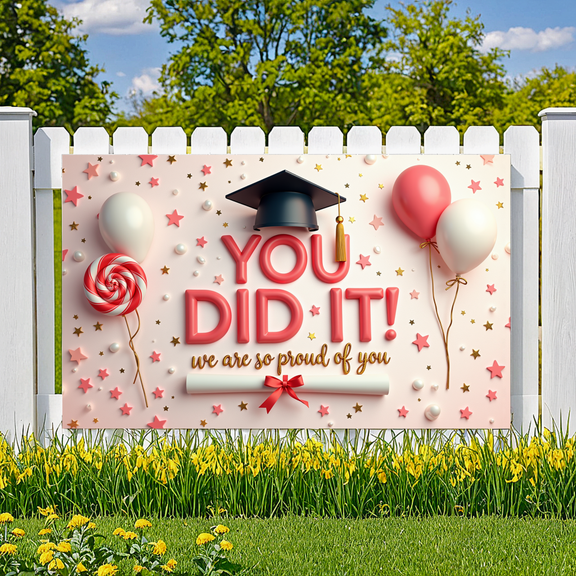Graduation Cap Graduation Banner Diploma Achievement Banner Pink Balloons Lollipop Confetti Banner for Graduation Ceremony School Event Student Celebration