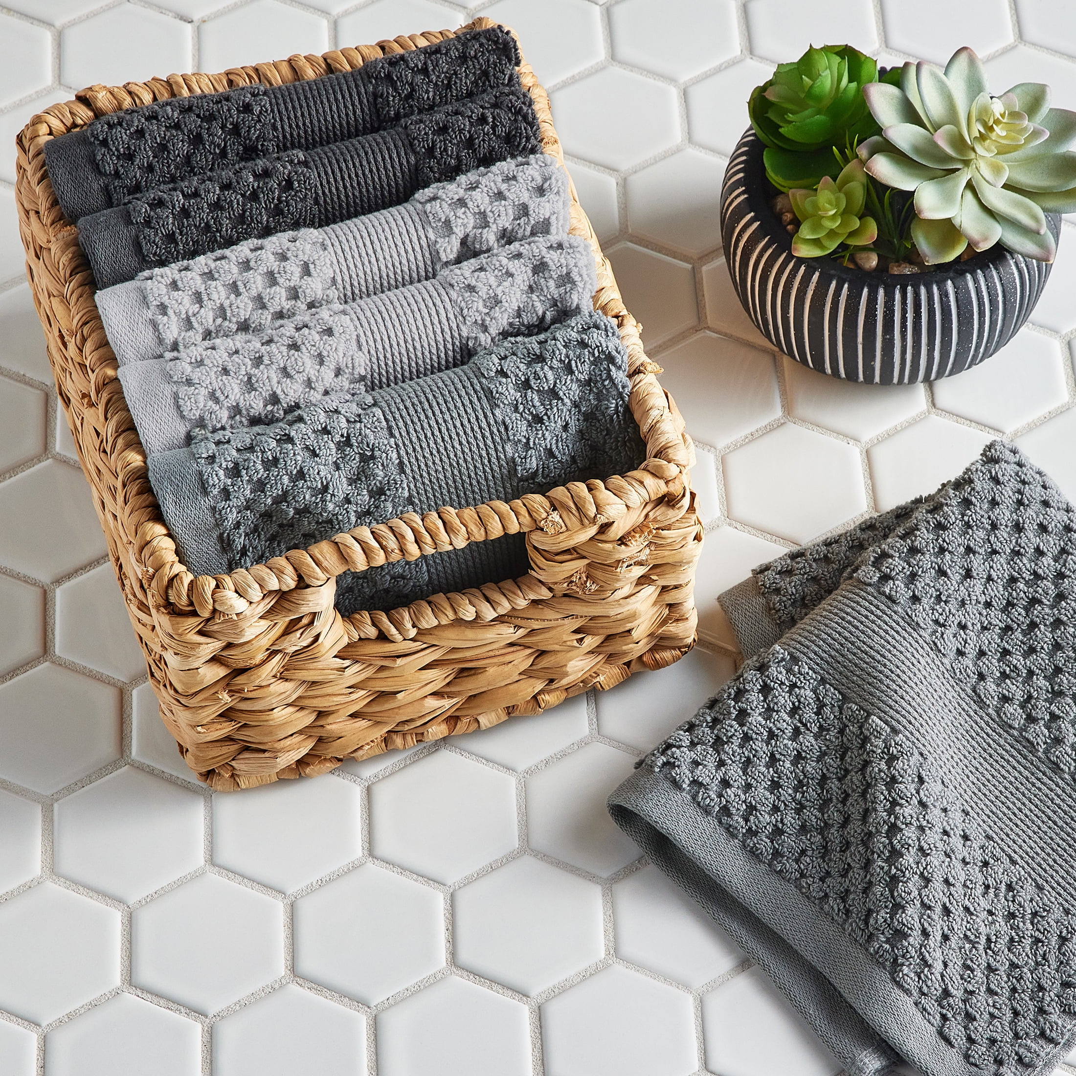 Better Homes & Gardens Signature Soft Cotton Popcorn Textured 6pk Washcloth Bundle,Grey