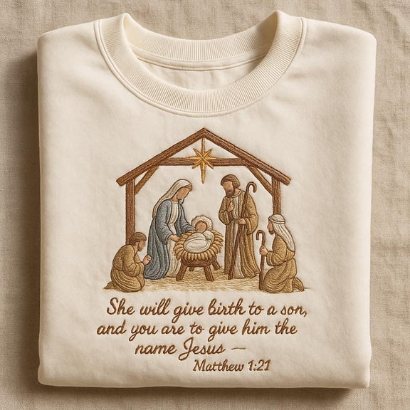Embroidered Nativity Scene Sweatshirt, Matthew 1:21 Bible Verse Christmas Shirt, Christian Faith Crewneck, Manger Gift