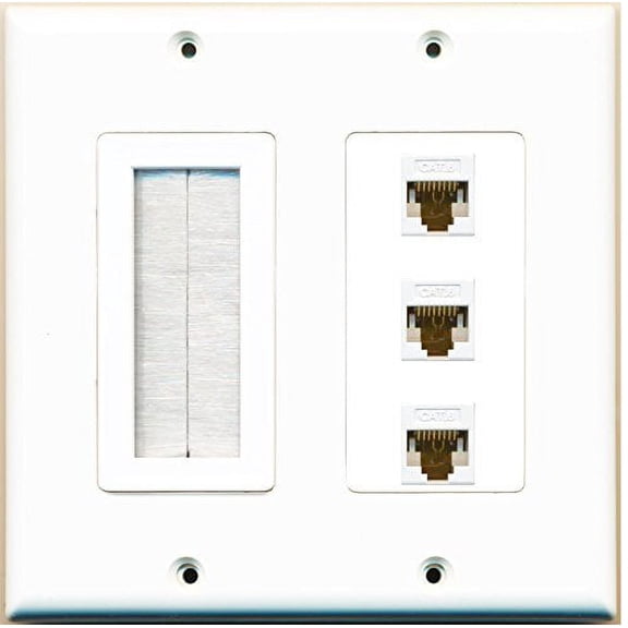 RiteAV (2 Gang Decorative Mesh-Brush 3 Cat6 White Wall Plate White