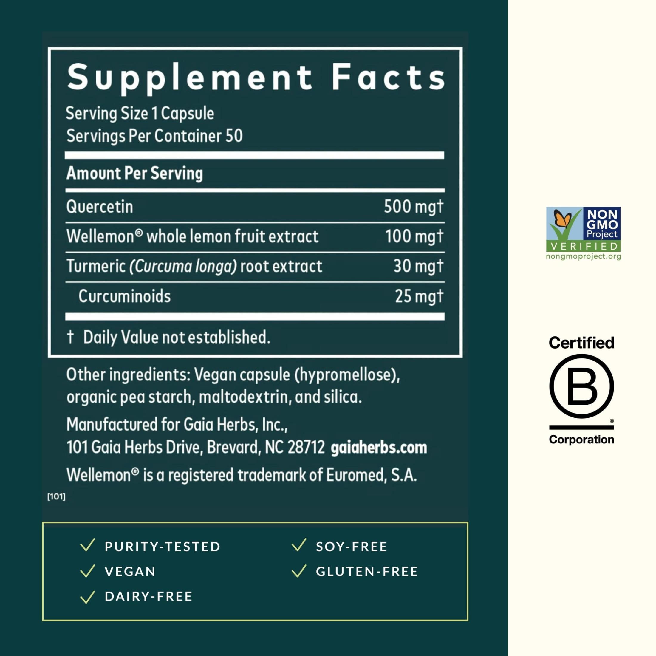 Gaia Herbs Quercetin Synergy - Supports Immune Health* - Wellemon Lemon Fruit Extract - 50 Vegan Capsules (50 Servings)