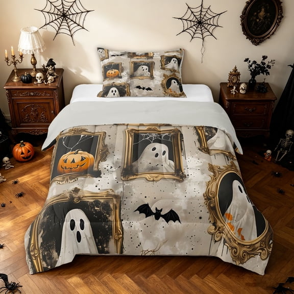Feelyou Spooky Halloween Ghost Twin Comforter Sets, Kawaii Gothic Bat Skull Bedding Set, Gray Reversible, 2-Piece, 1 Comforter and 2 Pillowcases