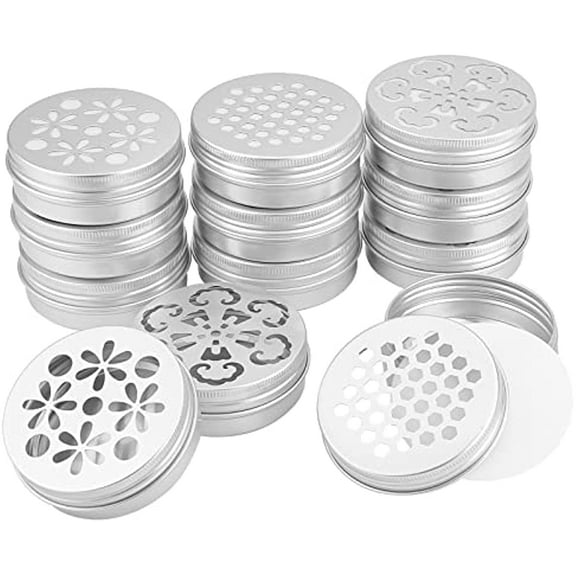 2 Ounce Aluminium Tins 12pcs 3 Styles Empty Storage Containers with Hollow Lids 60ml Screw Lid Round Jars Sample for Aromatherapy Air Freshener Candles Travel Storage