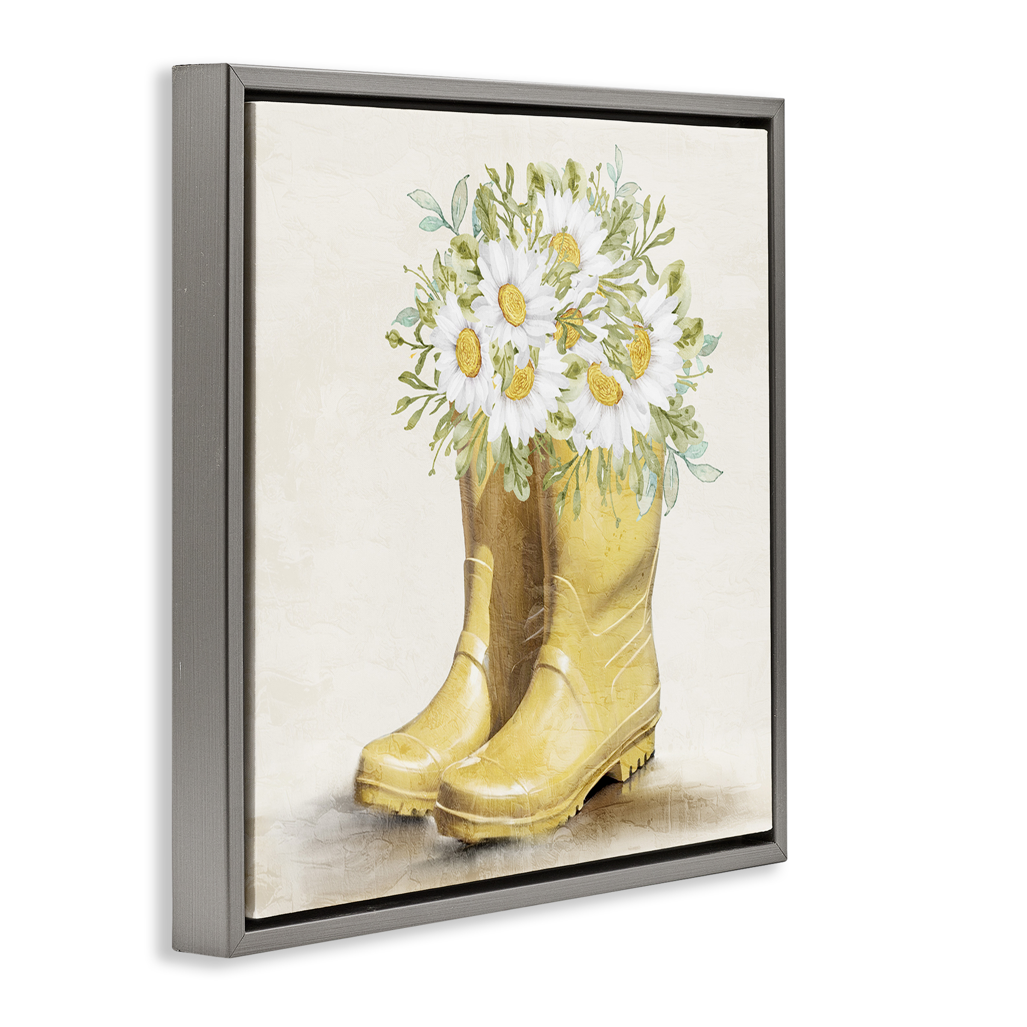 Stupell Industries Sunny Daisy Boots Botanical & Floral Painting Gray Floater Framed Canvas Art Print Wall Art, 18 x 18