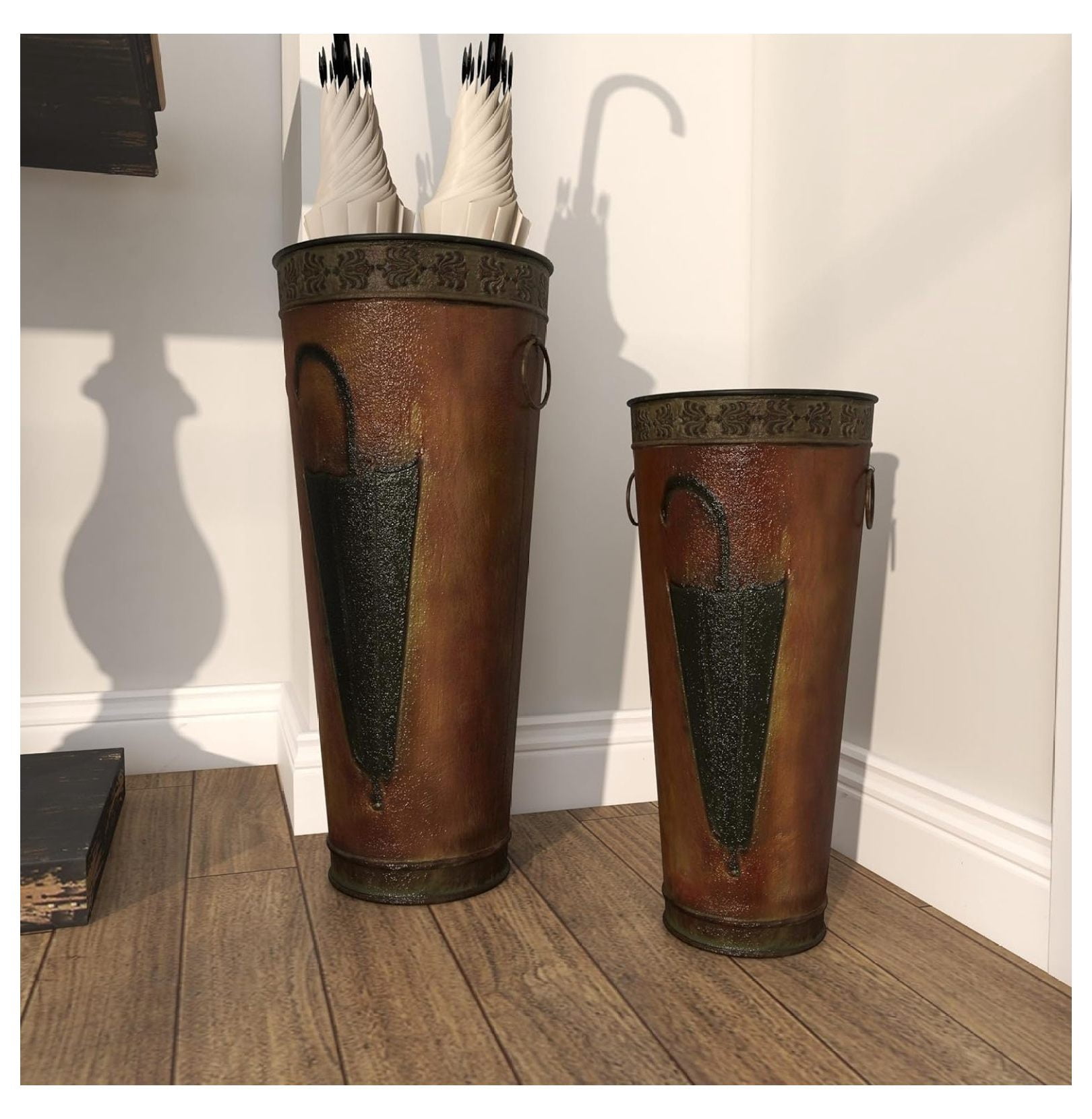 Metal Umbrella Stand with Umbrella Image and Handles, Set of 2 21", 17"H, Brown