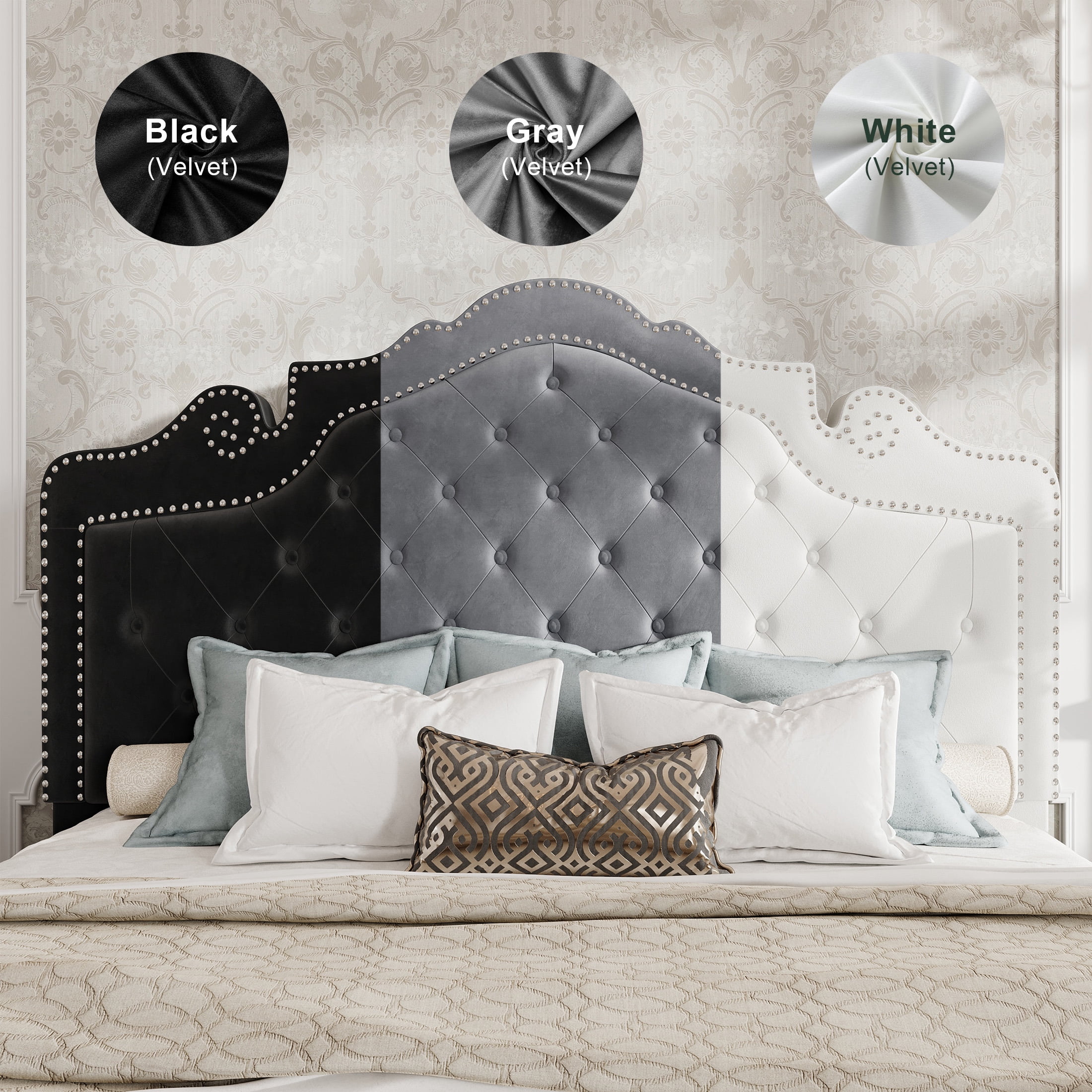 Amolife Queen Bed Frame with Adjustable Crown-Shaped Headboard, Upholstered Platform Bed, No Box Spring Required, White