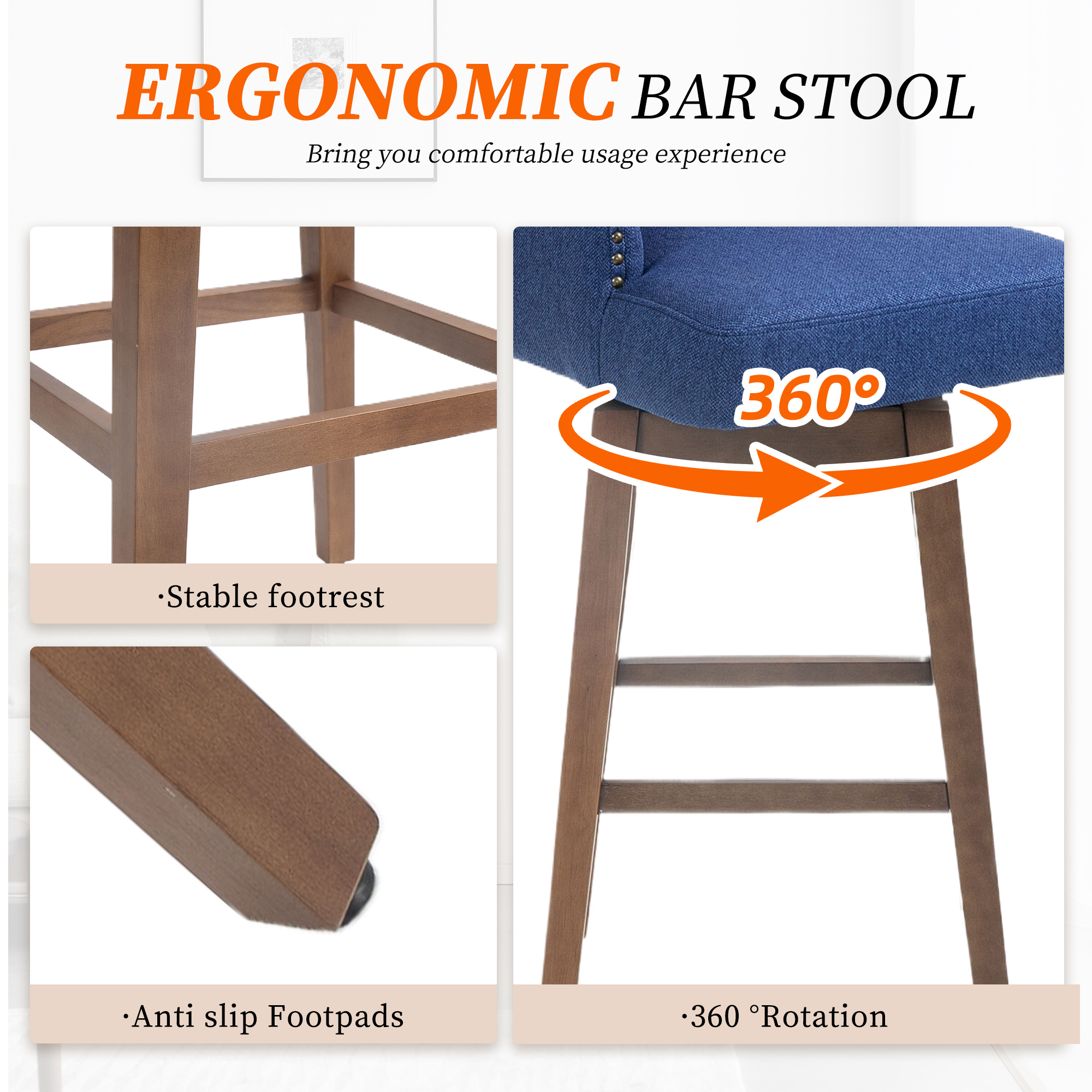 MOONMISS Linen Upholstered Tufted Wood Frame 360°Swivel Nailhead Bar Stools(set of 2)-Navy Blue