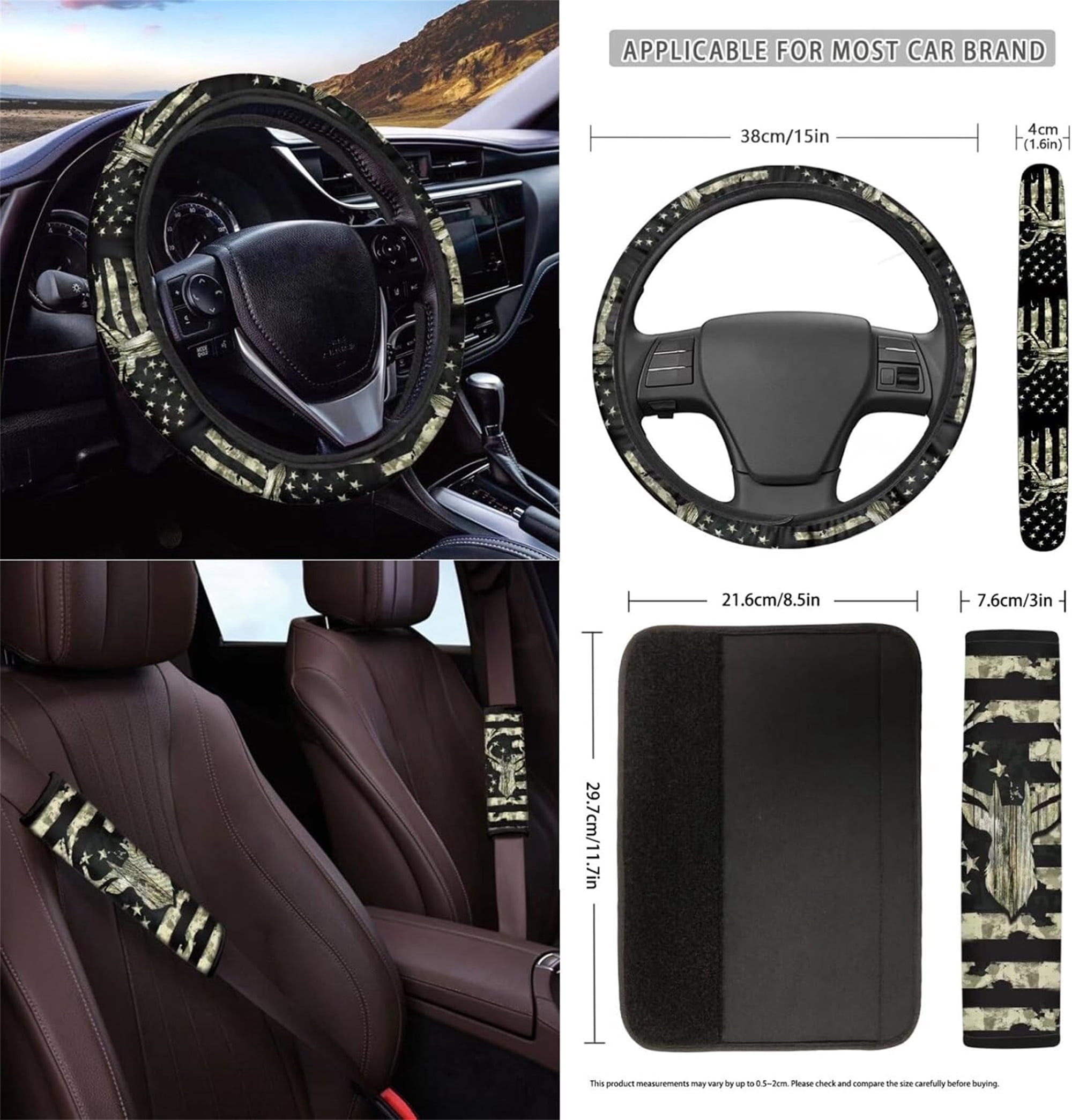 Jeiento Deer 12 Pcs Car Seat Cover Set with Front Car Seat Cover Steering Wheel Armrest Cover Seat Belt Pads Garbage Can Air Vent Pouch Rearview Mirror Cover Coaster Keychain Camo Hunting