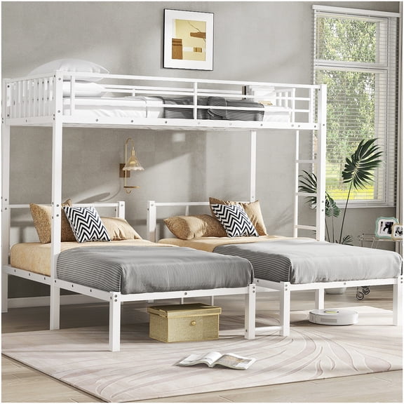 White Metal Triple Bunk Bed Frame, L-Shaped 3 Twin Bed for Space Saving, Guest Room and Shared Bedroom, No Box Spring Needed