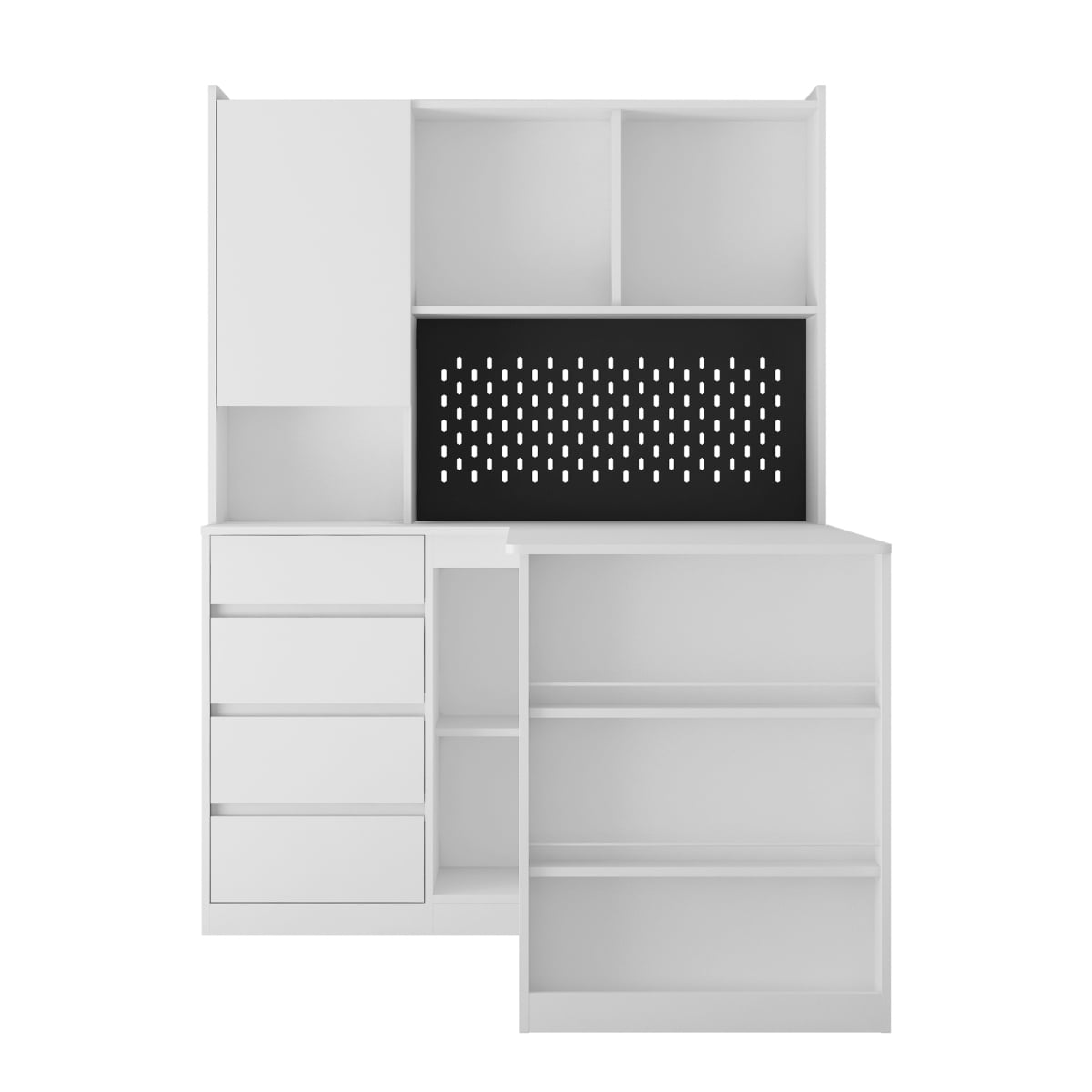 GZXS L-Shaped Computer Desk with Charging Station, LED Light, Pegboard, 4 Drawers & Open Shelves - 56" Modern Corner Desk for Home Office, Study, Work, White
