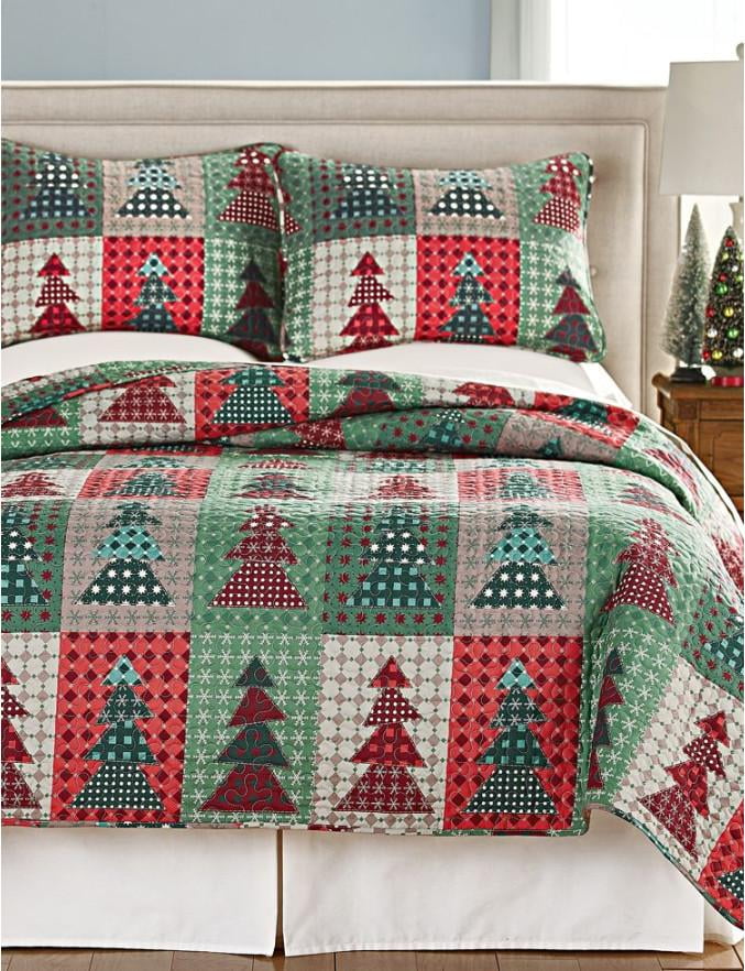 Christmas Trees Holidays Festive Red & Green Patchwork Twin Quilt