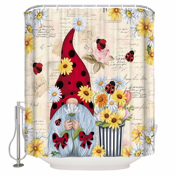 Gnomes Daisy Farmhouse Bathroom Shower Curtains with 12 Hooks Polyester Waterproof Shower Curtain for Stalls and Bathtubs Pastoral Vintage Garden Floral Decorative Bathroom Privacy Curtain 72x84 Inch