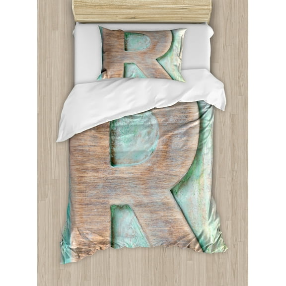 Letter R Duvet Cover Set Twin Size, Wooden Alphabet Block Antique Letterpress Theme Grunge Display Print, Decorative 2 Piece Bedding Set with 1 Pillow Sham, Mint Green Pale Brown, by Ambesonne
