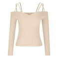thumbnail image 4 of XFLWAM Women Spaghetti Straps Long Sleeve Ribbed Knit Top Off Shoulder V Neck Shirt Cold Shoulder Solid Color Slim Blouse Khaki 3XL, 4 of 6