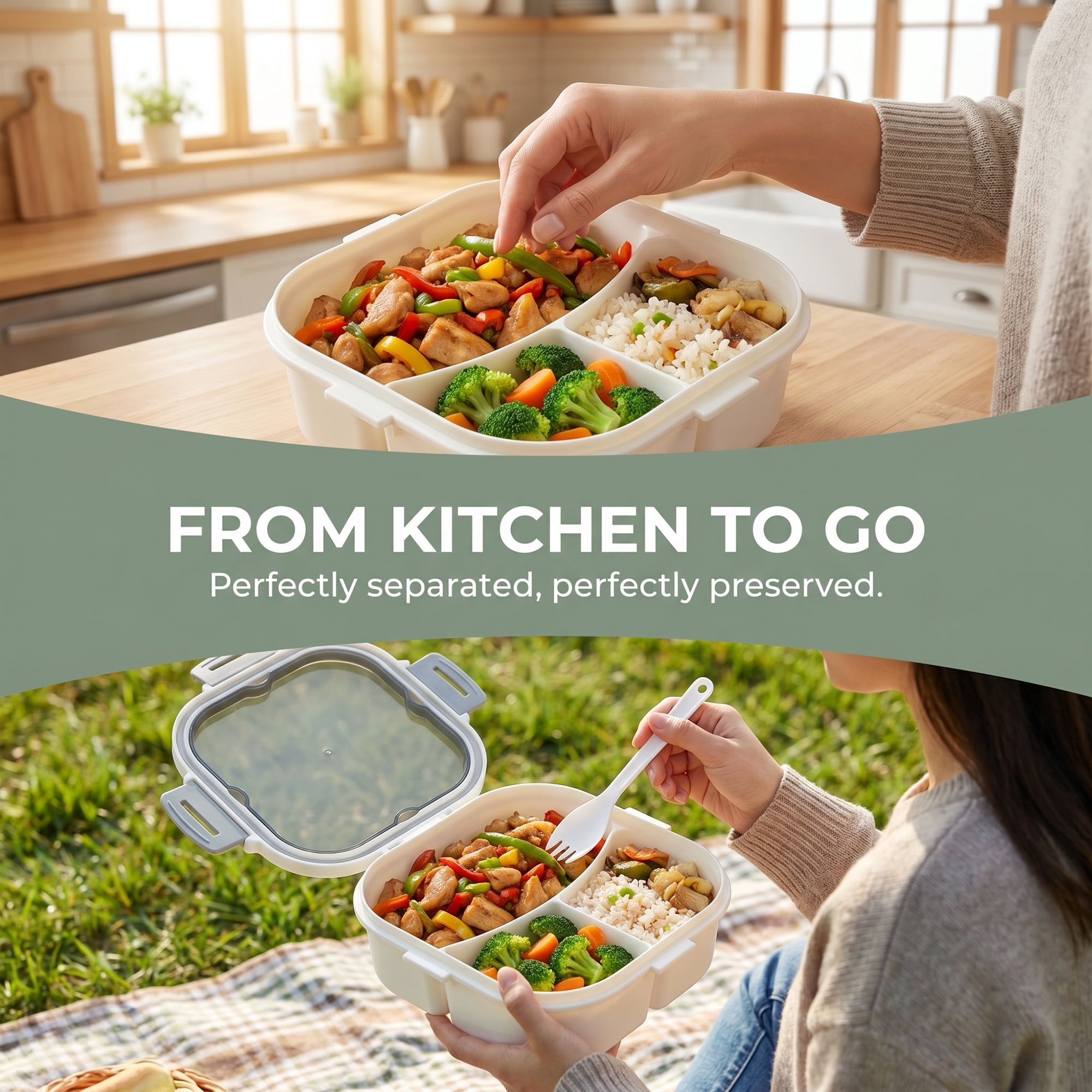 Unique Bargains 1200ml Leak-Proof Meal Prep Lunch Bento Box White-3