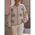 thumbnail image 4 of Women 3D Floral Applique Pearl Button Scalloped Trim Crew Neck Knit Cardigan Rice Color L, 4 of 9