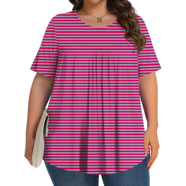 Liquidation d'Économies d'Été! Horkkom Hauts à Manches Courtes pour Femmes Grande Taille Été Décontracté Tunique Plissée Hauts Imprimé à Rayures Blouses à Col Rond 3TG