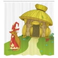thumbnail image 3 of Gnome Shower Curtain, Straw House with a Magician Fantasy Fairy Land Nursery Style Kids Cartoon, Fabric Bathroom Set with Hooks, 69W X 70L Inches, Yellow Green and Coral, by Ambesonne, 3 of 3