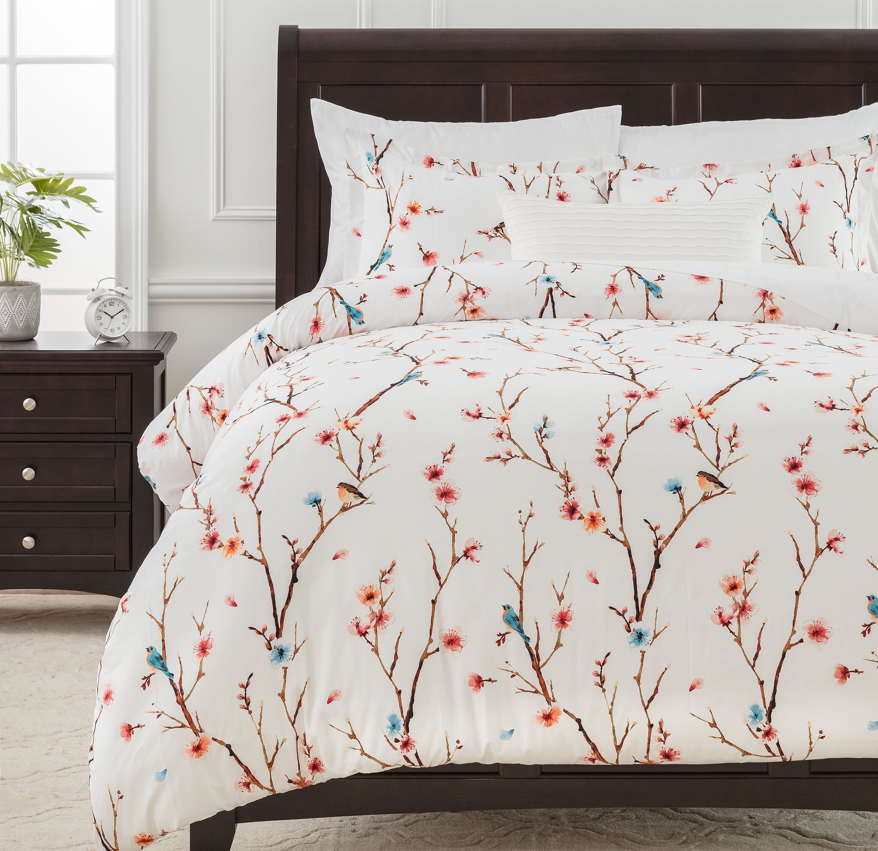 Twin White and Multicolor Microfiber Sakura Tree Duvet Cover Set