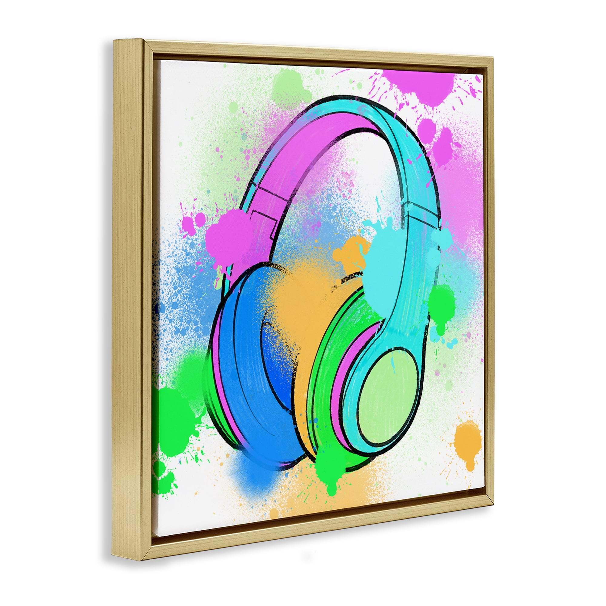 Stupell Industries Splattered Music Headphones Entertainment Painting Gold Floater Framed Canvas Art Print Wall Art, 18 x 18