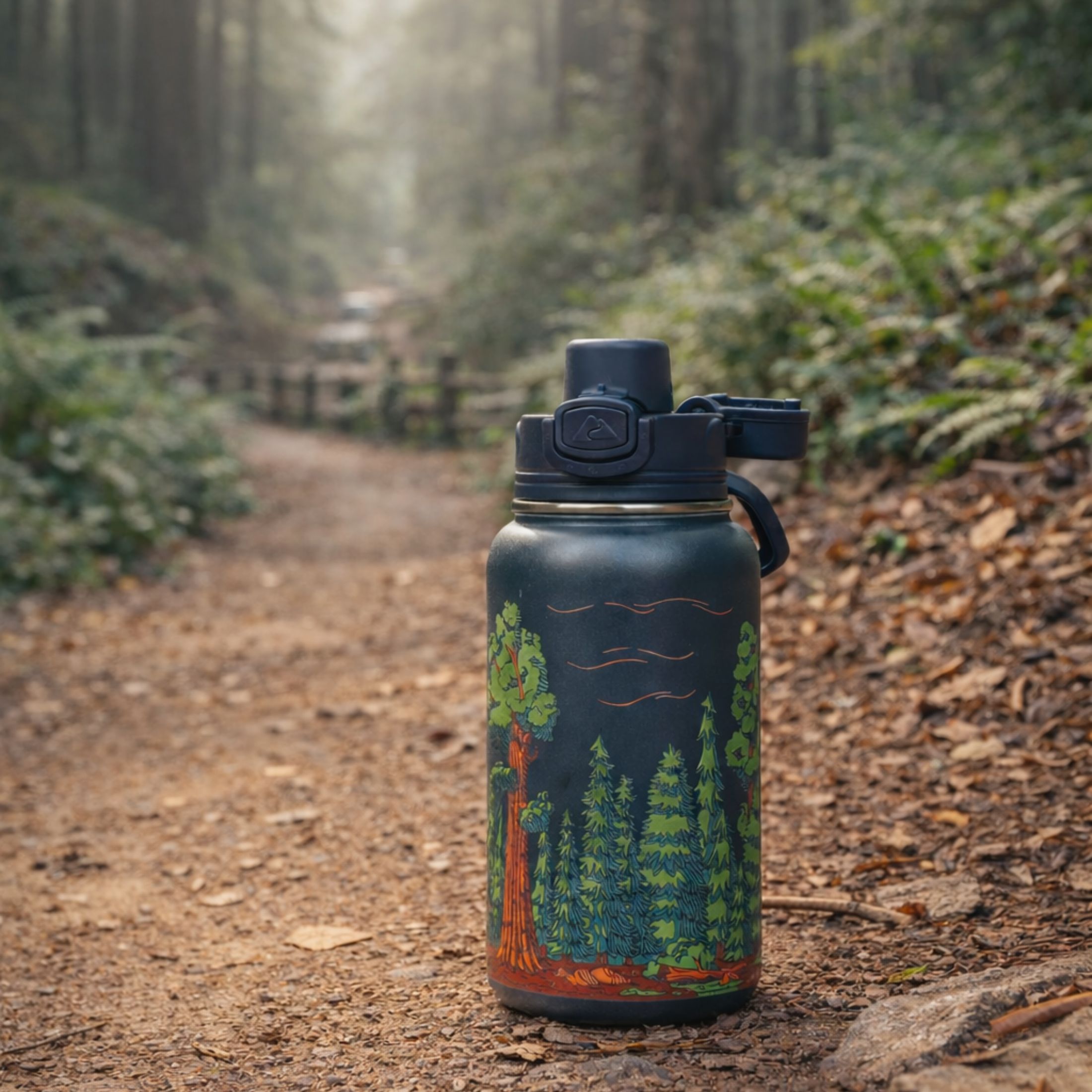 Botella de agua aislada de acero inoxidable de 18 oz con tapa de presión, bosque antiguo 4