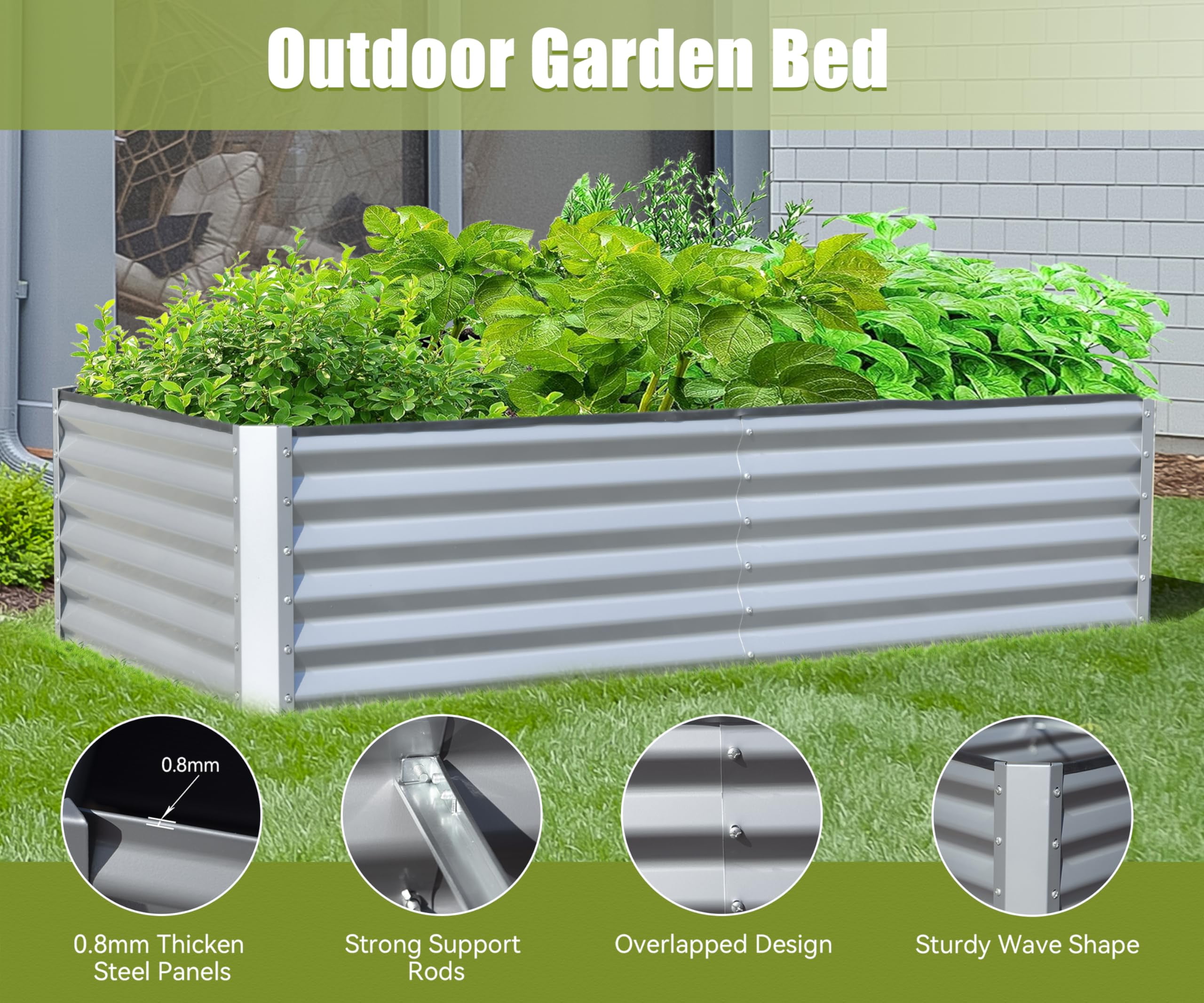 AsterOutdoor Galvanized Raised Garden Bed Metal Planter Box 6x3x1.5 ft – for Vegetables, Fruits & Flowers, Silver