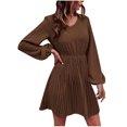 thumbnail image 4 of gakvov Fall Dresses For Women 2022 Savings Clearance Babydoll Dress For Women Fall Dresses Long Sleeve Slim Tunic Dreses V Neck Ruffle Knee Length A-Line Casual Draped High Waist Mini Dress, 4 of 9