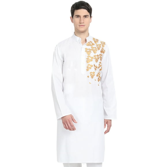 SKAVIJ Men's Indian Cotton Kurta Casual Long Shirt Party Dress Medium White