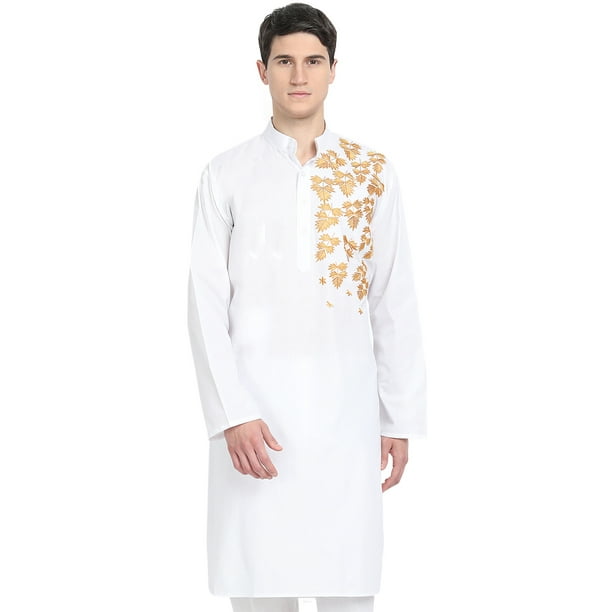 SKAVIJ Hommes Indien Coton Kurta Casual Longue Chemise Robe de Soirée Grande White