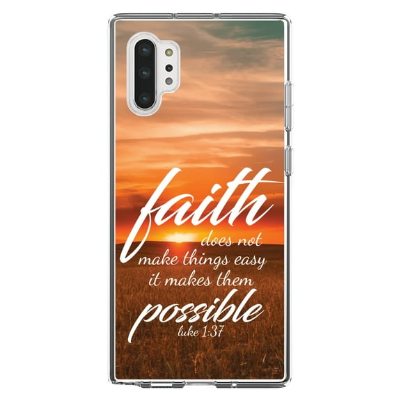 DistinctInk Clear Shockproof Hybrid Case for Galaxy Note 10 PLUS (6.8" Screen) - TPU Bumper, Acrylic Back, Tempered Glass Screen Protector - Luke 1:37 - Faith Does Not Make Easy Makes Possible