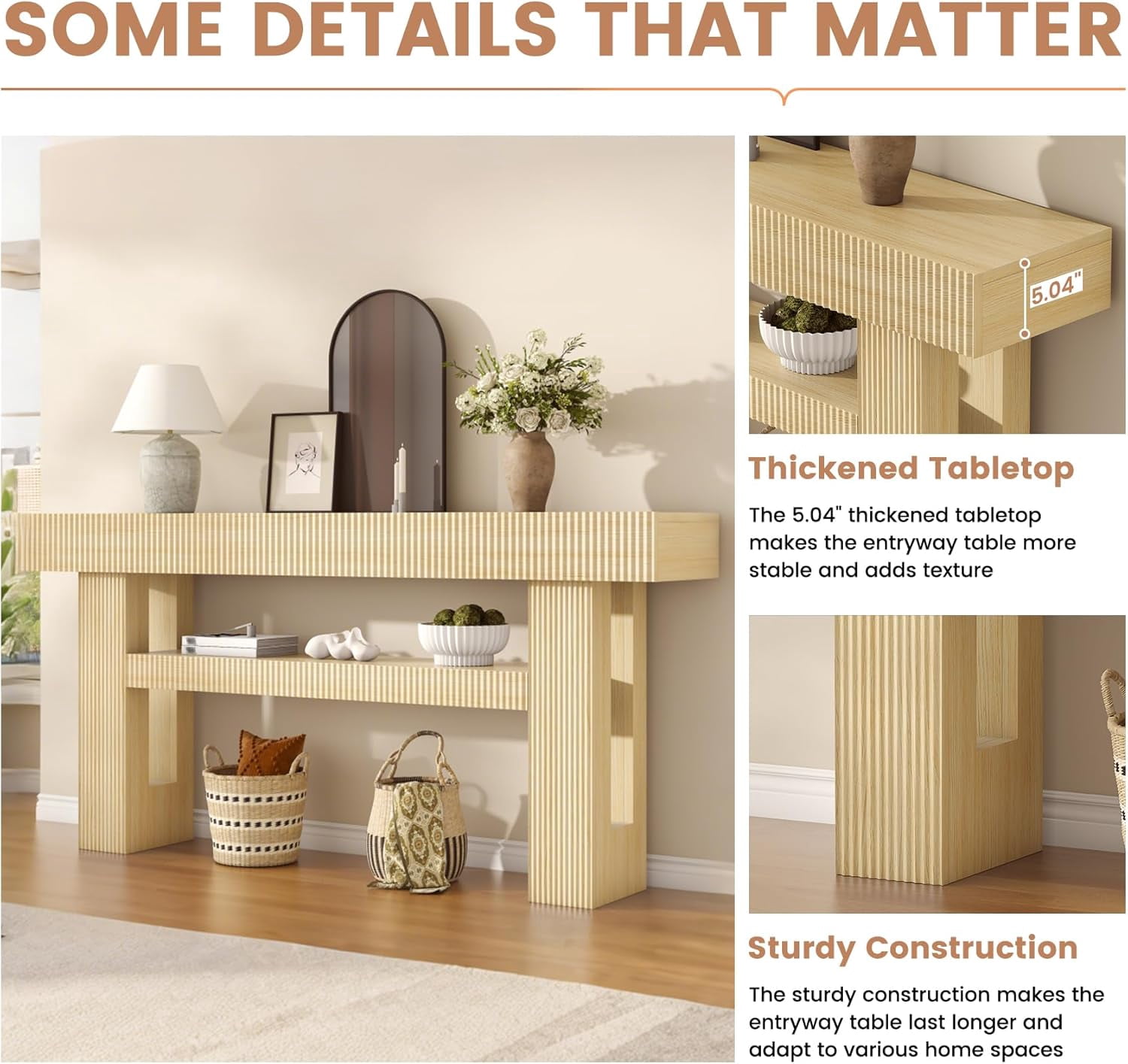 Frmobepts Fluted Console Table, Farmhouse 63" Long Narrow Entryway & Sofa Tables for Hallway, Tall Accent Table Behind Couch for Foyer Living Room, Natural Oak