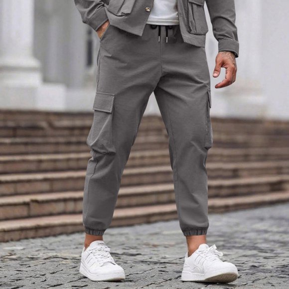 Mceream Mens Cargo Pants Chino Joggers Drawstring Elastic Waist with Pockets Comfy Baggy Outdoor Tapered Hiking Pants Pantalon De Vestir Para Hombre Gray XL