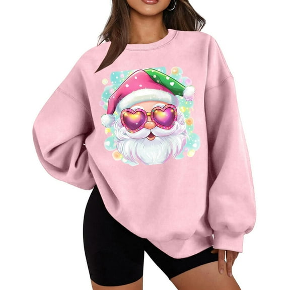 Hoodless Sweatshirt for Women Long Sleeve Round Neck Christmas Print Loose Thin Fleece Pullover Sweatshirt