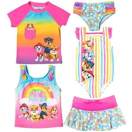 Paw Patrol Skye Chase Marshall Little Girls One Piece Bathing Suit Rash Guard Tankini Top Bikini Bottom and Skort 5 Swimsuit Set Toddler to Big Kid