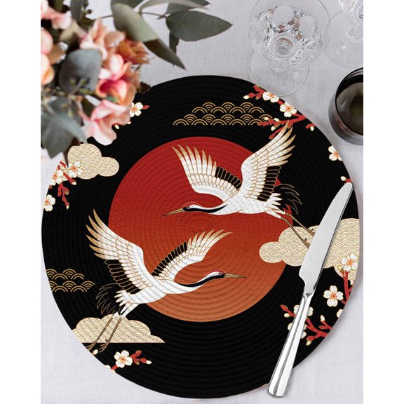 15 Inch Round Placemats Set of 6, Japanese Style Non Slip Heat Insulation PP Table Mats, Modern Cranes Cherry Flower Wave Red Brown Washable Place Mats for Kitchen Dining Party Table Decor
