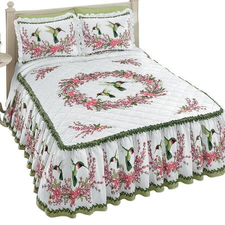 Quilt Top White Bedspread With Hummingbirds And Floral Design