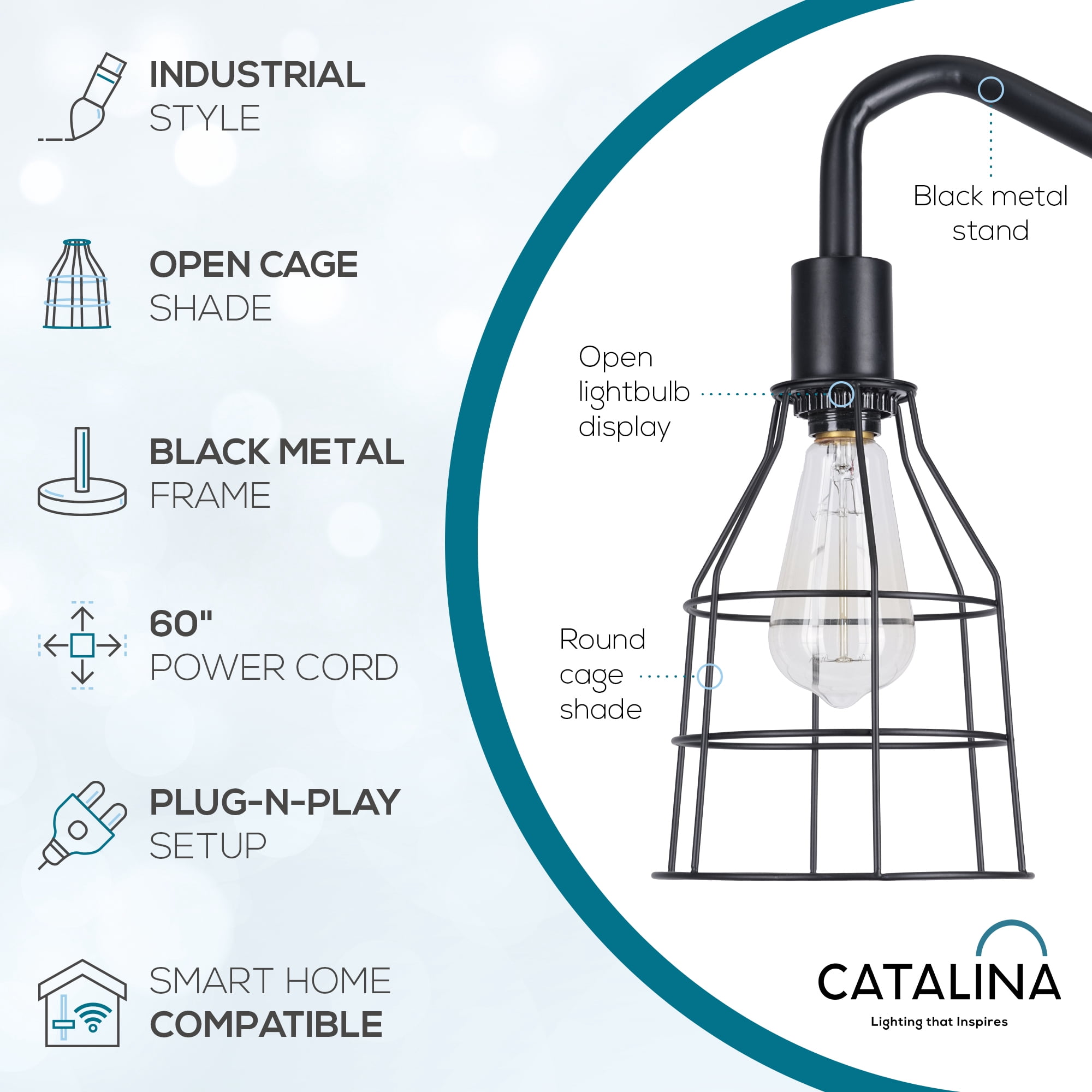 Catalina Lighting Lowell 60'' Floor Lamp with Black Metal Dome Shade Industrial Floor Light Fixture for Living Room, Bedroom, or Office, Black