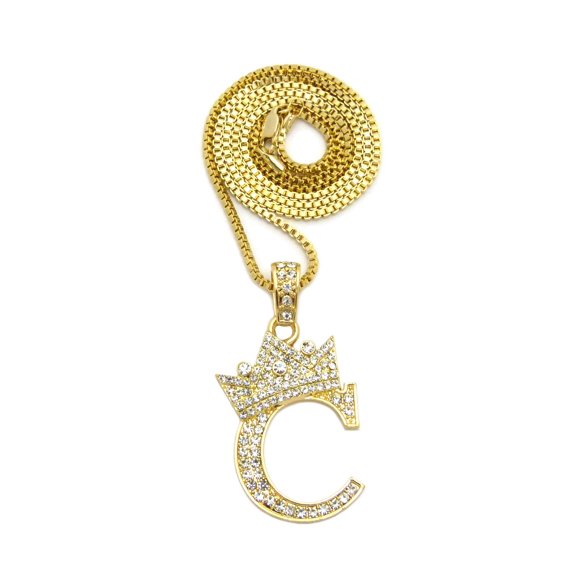 Stone Stud Allover Tilted Crown Initial C Pendant w/ 2mm 24" Box Chain Necklace, Gold-Tone