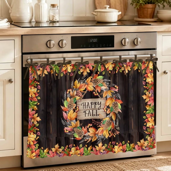 Maple Leaves Fall Oven Skirt Curtain 27"Wx20"L, Waterproof Ruffled Stove Cover Skirt with 8 Ribbon Ties, Autumn Botanical Farmhouse Wooden Decorative Oven Door Curtain for Kitchen Dishwasher Cabinet
