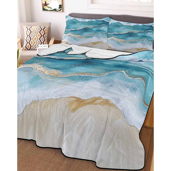 Aqua Ombre Beach King Size Down Alternative Comforter, Lightweight Comforter Quilt Bedding Set with Pillow Shams Coastal Nautical Summer Seaside All Seasons Bed Comforter Duvet Insert 96"x106"