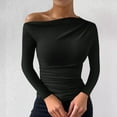 thumbnail image 3 of hotojiny Tops for Women Going out off Shoulder Long Sleeve Solid Color T-Shirt Slim Stretchy Shirt Fall, 3 of 5
