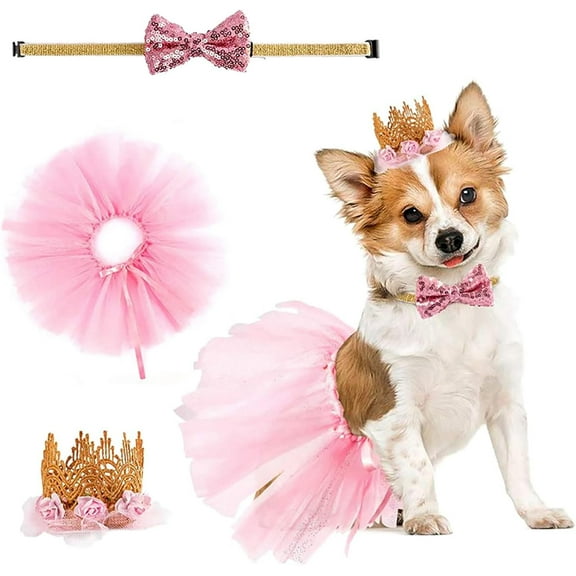 Dog Tutu Skirt, Dog Birthday Party Supplies Pink Bowtie and Crown Hat Skirt Pet Outfit Dog Princess Costume for Wedding Halloween Christmas Holidays