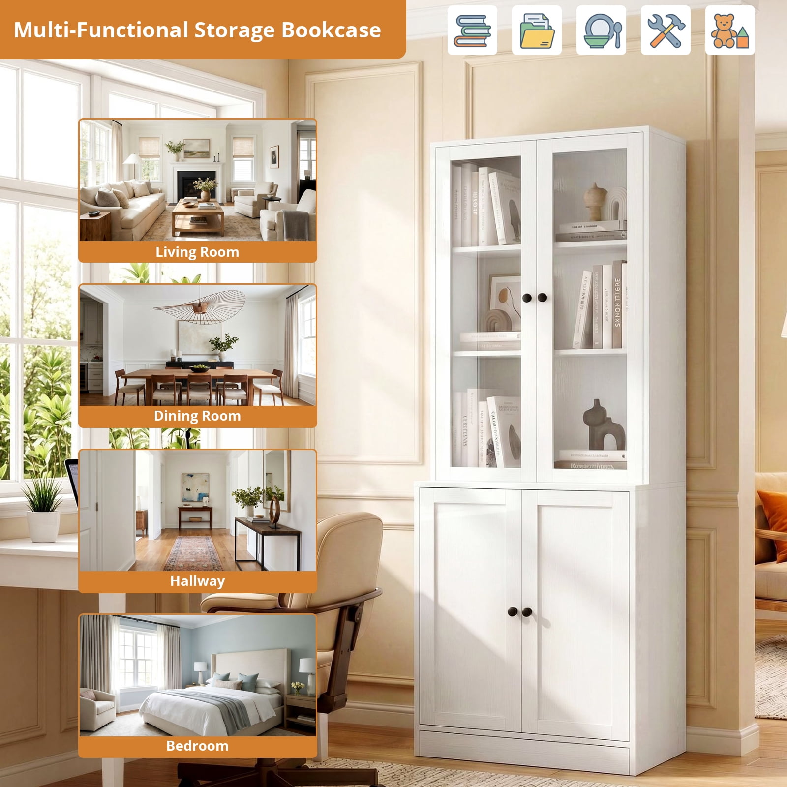 RichYa 71'' Tall Bookcase with Glass Doors, 3-Tier Display Bookshelf & 5-Tier Storage Cabinet for Home Office Living Room