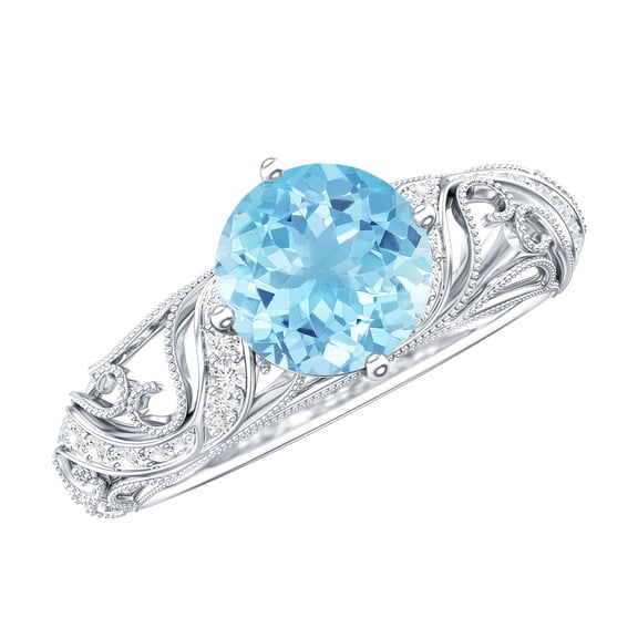 Rosec Jewels Aquamarine Diamond Engagement Ring for Women - Vintage Style Ring - 0.8 Ct - AAA Quality Certified - with Jewelry Box, 925 Sterling Silver, US 4.00
