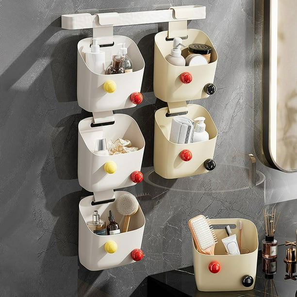 Cesta de almacenamiento de plástico | Estante organizador colgante de pared | Dormitorio de baño multifuncional Litera superior Almacenamiento en la mesilla de noche | Conjunto de 3 | Blanco Beige